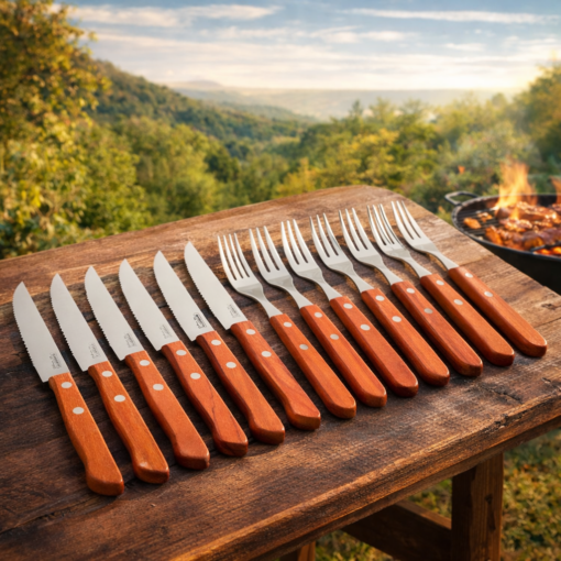 Jogo Talheres Jumbo Para Churrasco Tramontina Aço Inox Cabo Madeira 12 Peças
