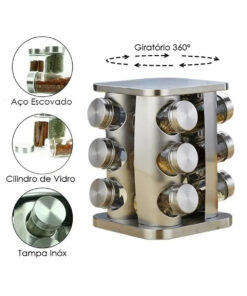 12 PEÇAS Porta Temperos Giratório Vidro Suporte Inox