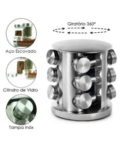 12 PEÇAS Porta Temperos Giratório Vidro Suporte Inox