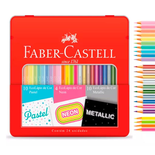 LÁPIS DE COR 24 CORES PASTEL, NEON E METÁLICO - FABER CASTELL Colorido