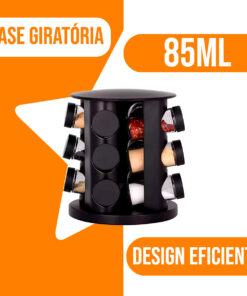 Porta Condimentos Vidro E Tampa Giratório Com 9 Potes Preto