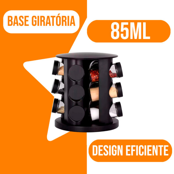 Porta Condimentos Vidro E Tampa Giratório Com 9 Potes Preto