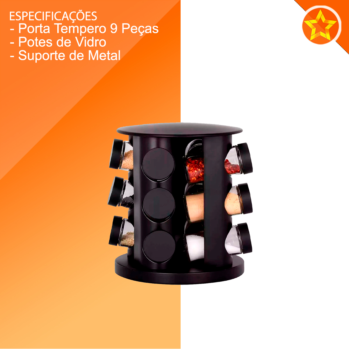 Porta Condimentos Vidro E Tampa Giratório Com 9 Potes Preto