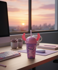 Copo Disney Stitch ou Angel 500ml com Tampa e Canudo Plasutil