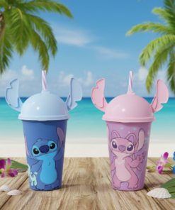 Copo Disney Stitch ou Angel 500ml com Tampa e Canudo Plasutil