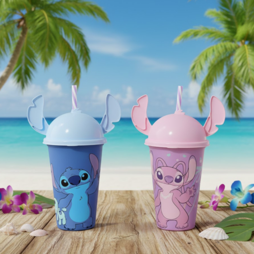 Copo Disney Stitch ou Angel 500ml com Tampa e Canudo Plasutil