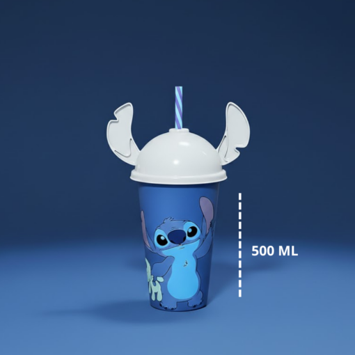 Copo Disney Stitch ou Angel 500ml com Tampa e Canudo Plasutil