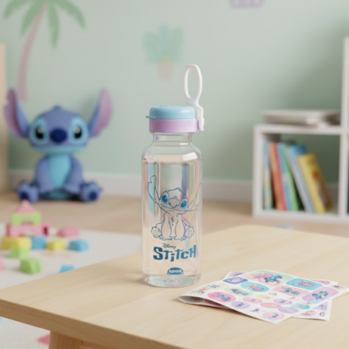 Garrafa Plástica Stitch 600ml Abre Fácil com Adesivos Plasutil