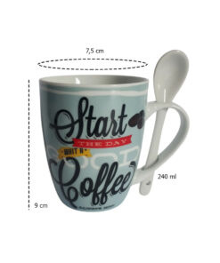 Canecas Com Colher 240ml De Porcelana Vintage Coffee Azul