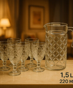 Jogo jarra 1,5L e 6 Taças em Vidro Lapidado Casambiente