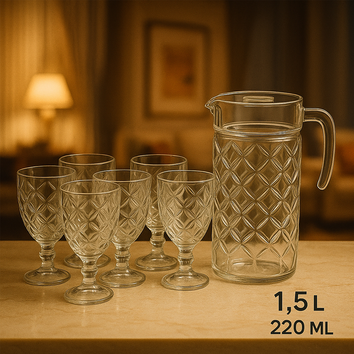 Jogo jarra 1,5L e 6 Taças em Vidro Lapidado Casambiente