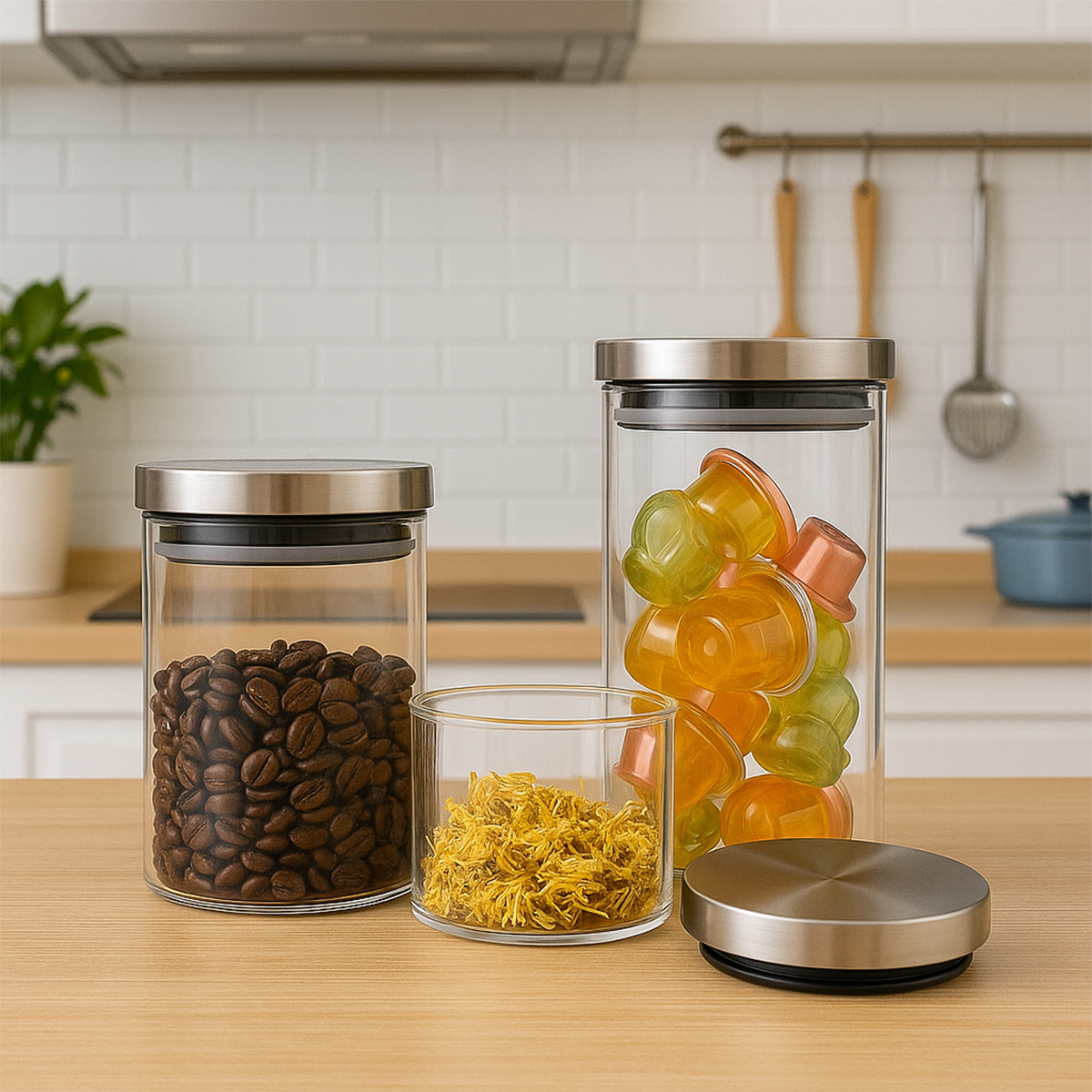Jogo 3 Pote de Vidro Tampa Inox Belovidro com condimento