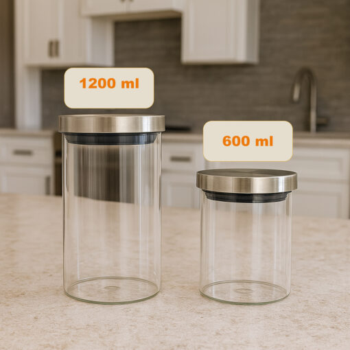 Conjunto 4 Potes Vidro com Tampa Inox Organizador