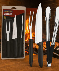Kit Churrasco Tramontina com faca, garfo e pegador em inox