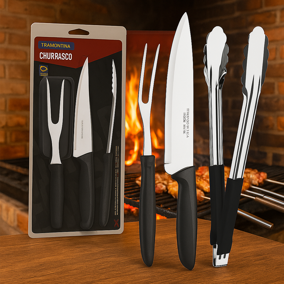 Kit Churrasco Tramontina com faca, garfo e pegador em inox