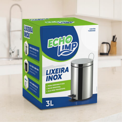 Lixeira Inox 3 Litros com Cesto Removível Echolimp Ideal para Banheiro e Cozinha