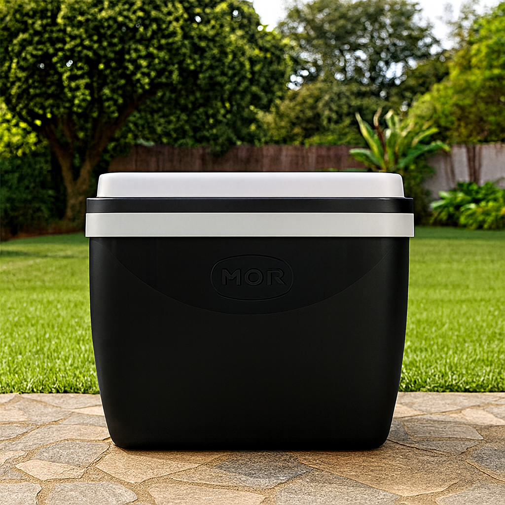 um Cooler preto no jardim