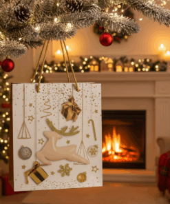 Grande Sacola de Papel Decorada Natalina Rena e Presentes 26x32cm