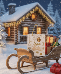 Grande Sacola de Papel Decorada Natalina Rena e Presentes 26x32cm