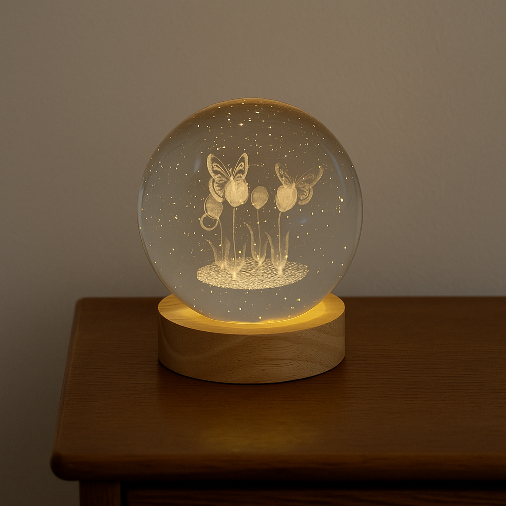 globo Luminária Crystal Ball de Madeira na base 25cm circunferência