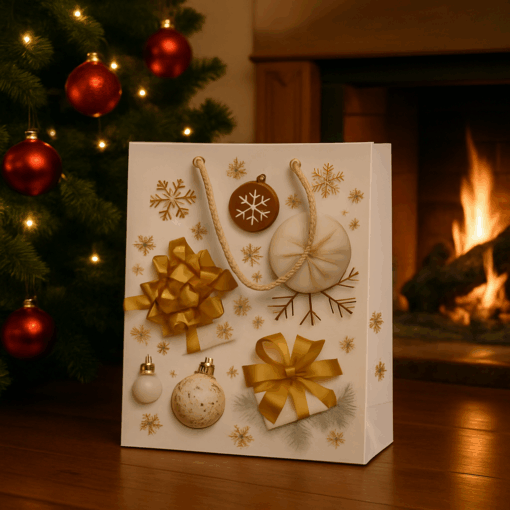 Sacola de Papel Decorada de Natal Branca 18x23cm