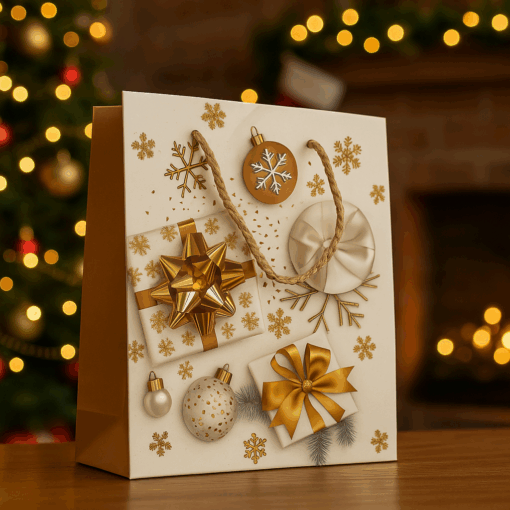 Sacola de Papel Decorada de Natal Branca 18x23cm