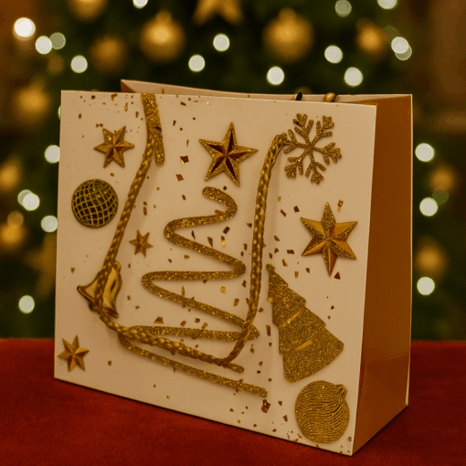 Mini Sacola de Papel Decorada Natalina Branca e Dourado
