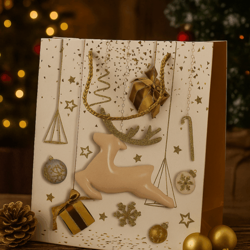 Grande Sacola de Papel Decorada Natalina Rena e Presentes 26x32cm