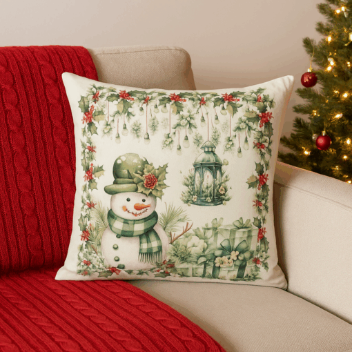 Capa de Almofada Natalina com Estampa de Boneco de Neve Decoração de Natal