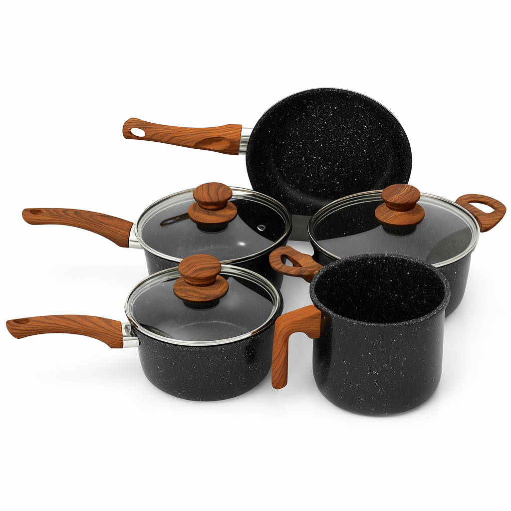 Jogo de Panelas em Cerâmica 5 Peças Wood Preto e Vermelho com Tampa de Vidro Antiaderente e Resistente para Cozinhar no Dia a Dia - Imagem 7