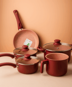 Jogo de Panelas em Cerâmica 5 Peças Wood Preto e Vermelho com Tampa de Vidro Antiaderente e Resistente para Cozinhar no Dia a Dia