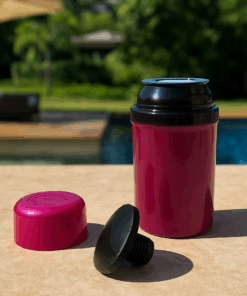 Garrafa térmica rosa e preta 250ml com interior de vidro