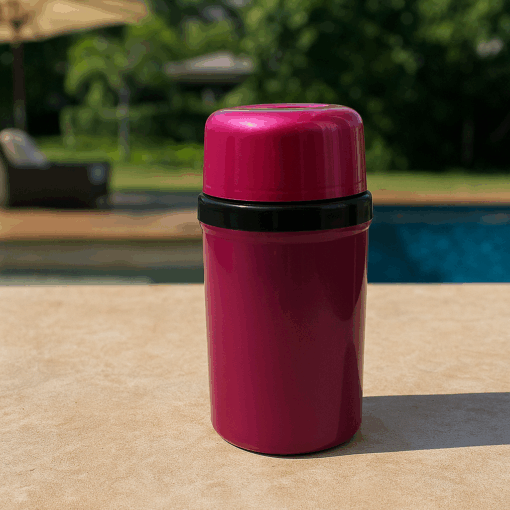 Garrafa térmica rosa e preta 250ml com interior de vidro