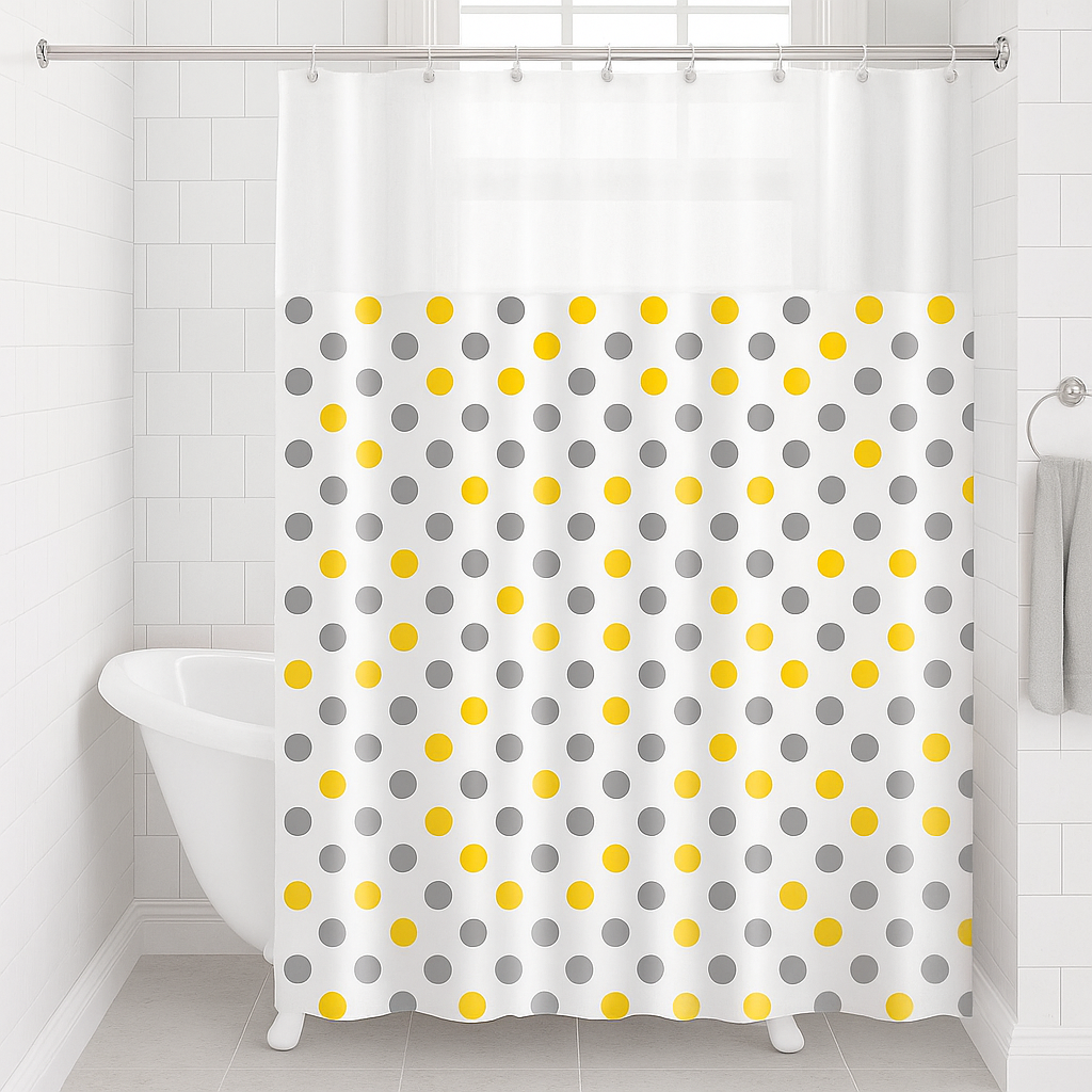 Cortina de Box com Visor Transparente e Estampa de Bolinhas Cinza e Amarela - Imagem 2