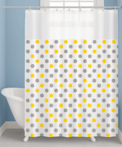 Cortina de Box com Visor Transparente e Estampa de Bolinhas Cinza e Amarela