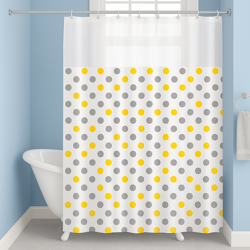 Cortina de Box com Visor Transparente e Estampa de Bolinhas Cinza e Amarela