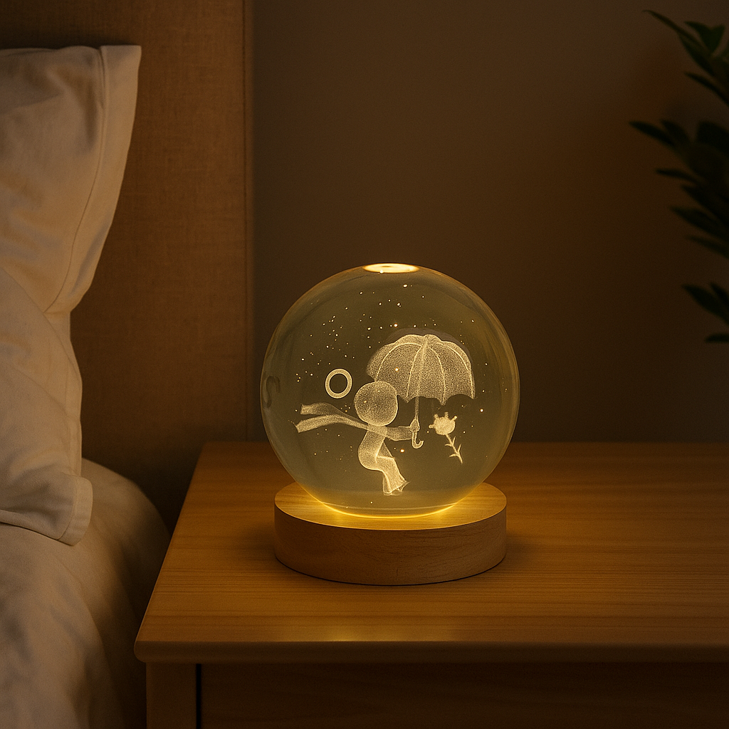 globo Luminária Crystal Ball de Madeira na base 25cm circunferência