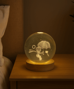 globo Luminária Crystal Ball Led 18,8cm Circunferência Base de Madeira