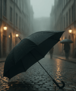 Guarda-chuva preto grande com cabo curvo oferece proteção superior em dias de chuva intensa, combinando amplitude de cobertura, estrutura reforçada e design clássico.