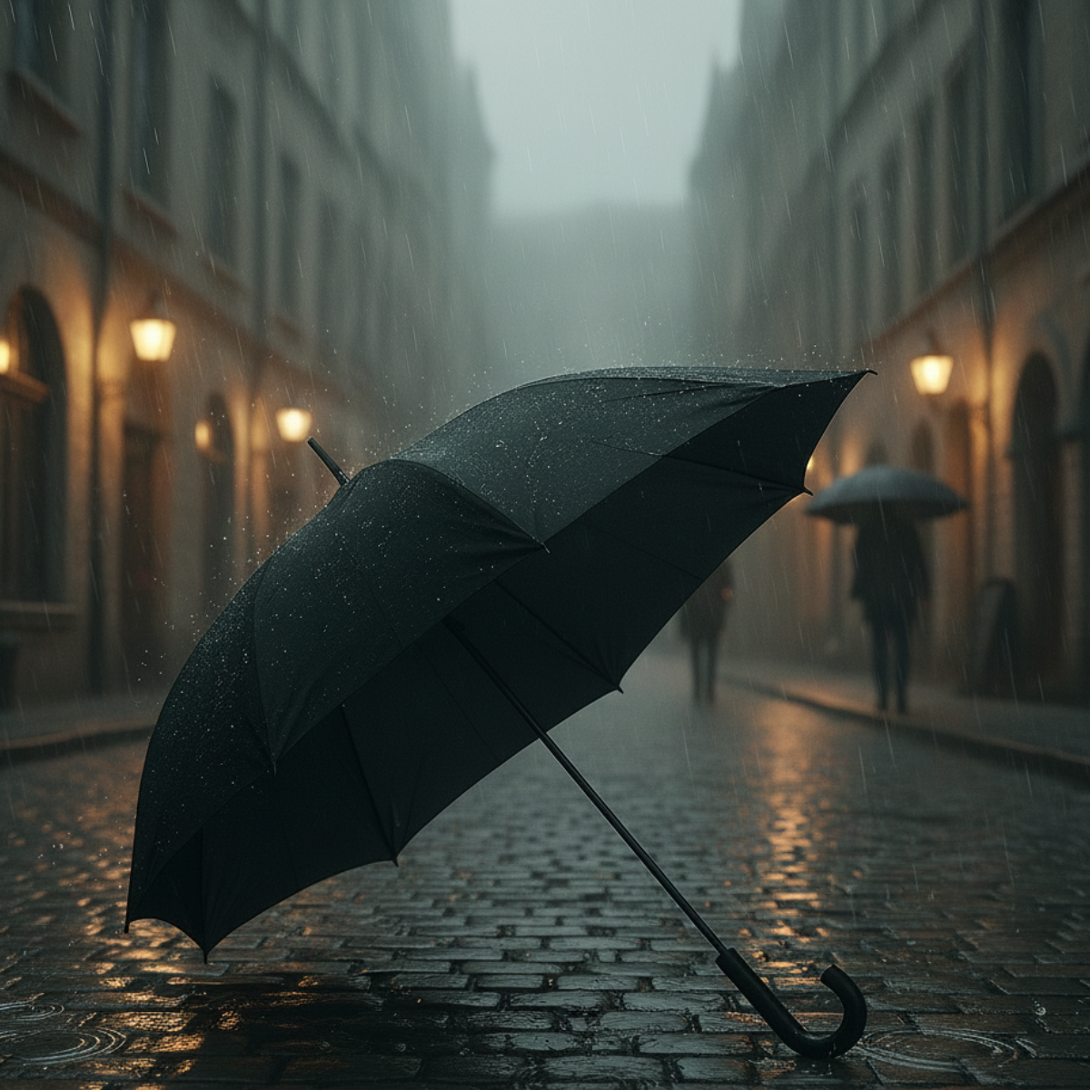 Guarda-chuva preto grande com cabo curvo oferece proteção superior em dias de chuva intensa, combinando amplitude de cobertura, estrutura reforçada e design clássico.