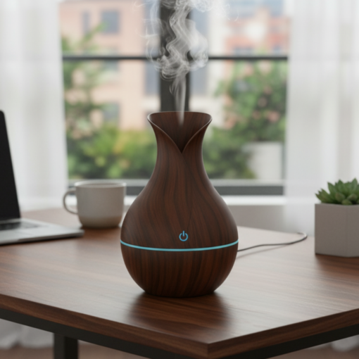 Umidificador de Ar Formato Vaso Marrom 200ml com Luz Colorida