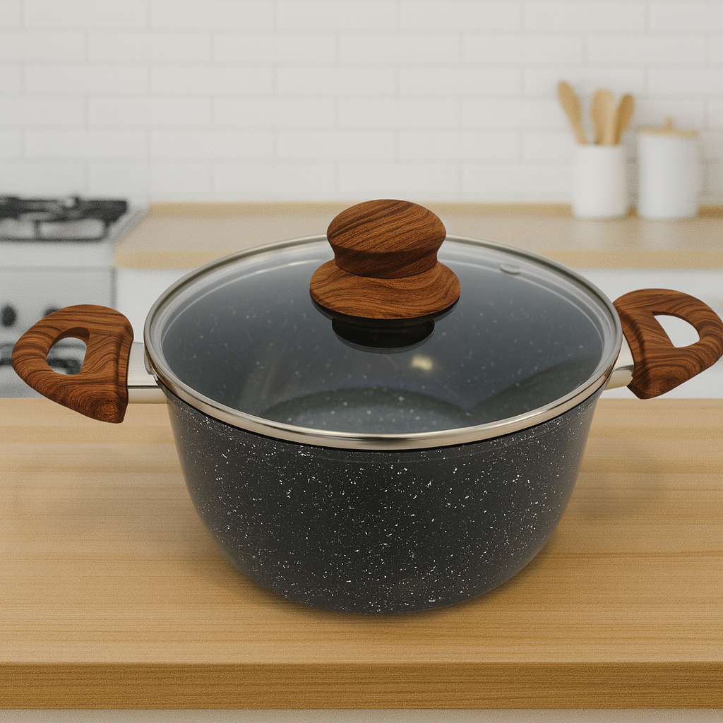 Jogo de Panelas em Cerâmica 5 Peças Wood Preto e Vermelho com Tampa de Vidro Antiaderente e Resistente para Cozinhar no Dia a Dia - Imagem 4