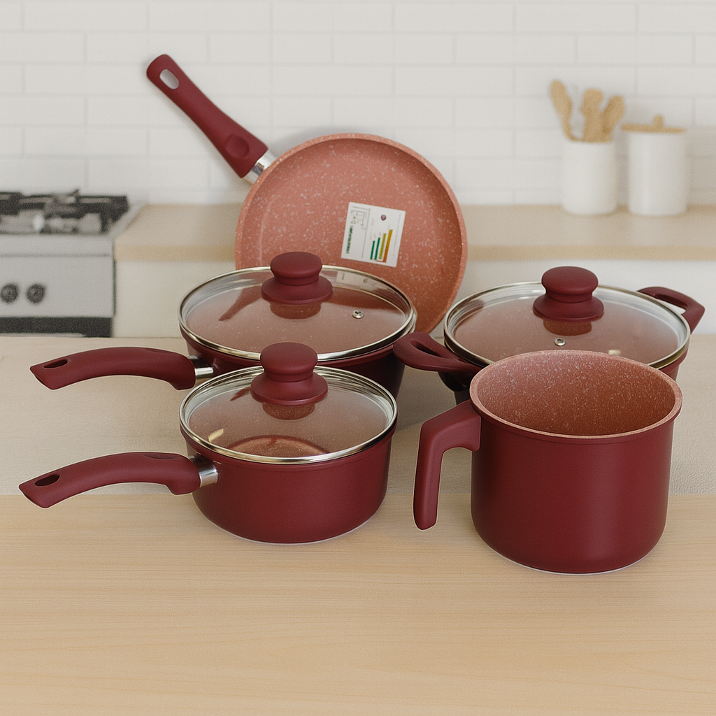 Jogo de Panelas em Cerâmica 5 Peças Wood Preto e Vermelho com Tampa de Vidro Antiaderente e Resistente para Cozinhar no Dia a Dia - Imagem 3