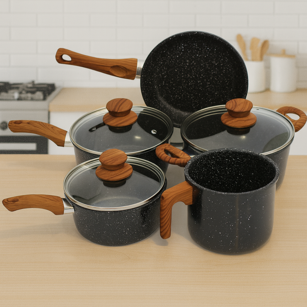 Jogo de Panelas em Cerâmica 5 Peças Wood Preto e Vermelho com Tampa de Vidro Antiaderente e Resistente para Cozinhar no Dia a Dia - Imagem 2