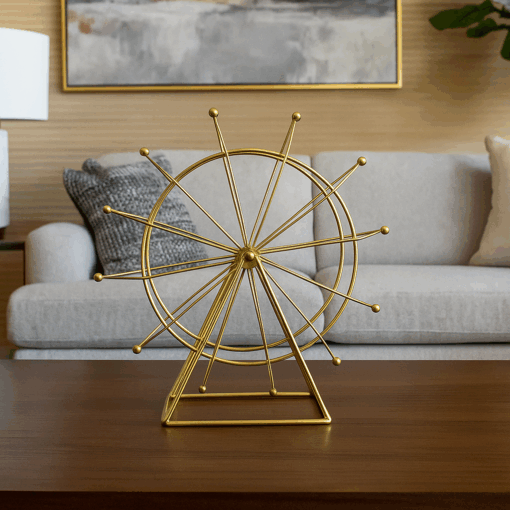 Roda Gigante Decorativa de Ferro Dourada Giratória 30x28cm