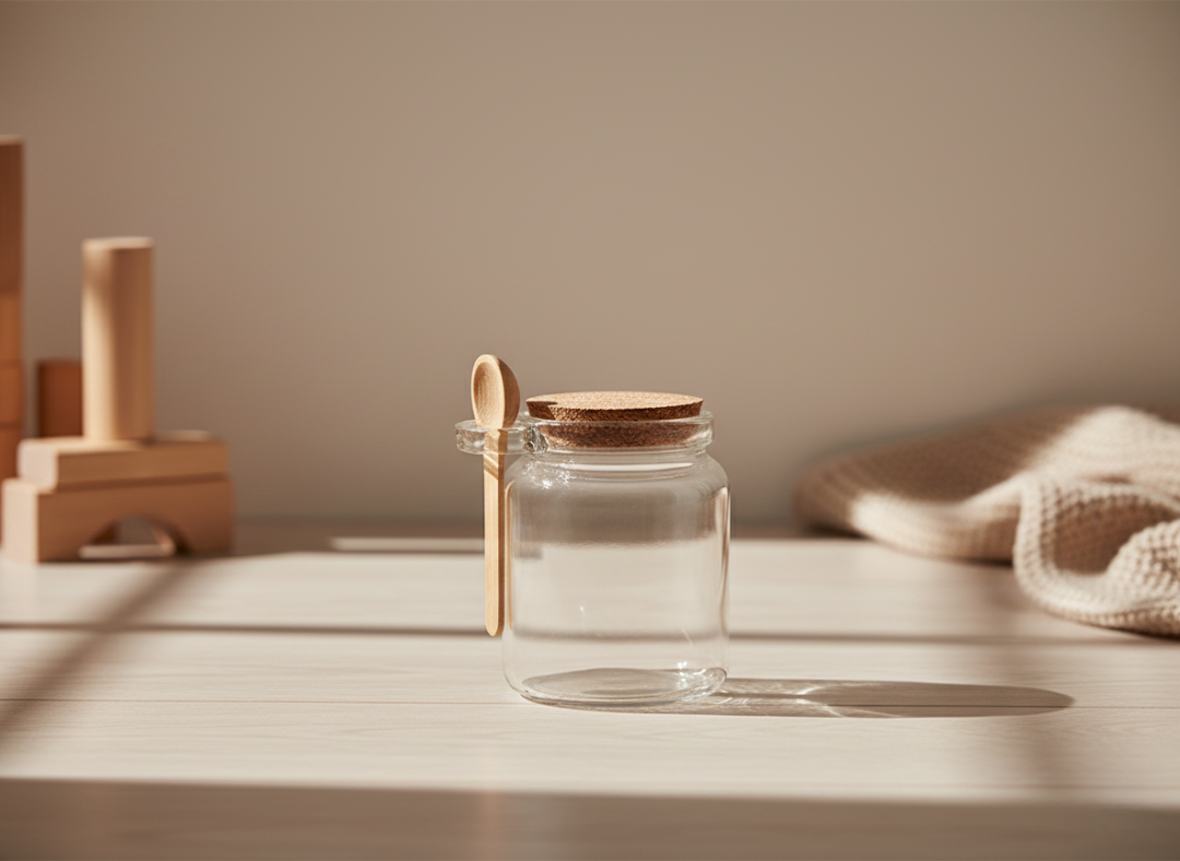 pote de vidro com colher bambu