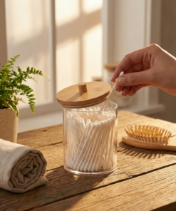 Porta Cotonete Retangular com Tampa de Bambu