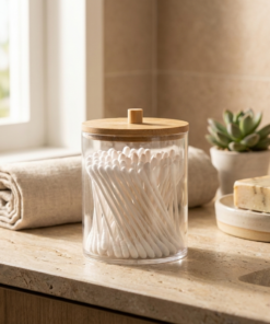 Porta Cotonete Retangular com Tampa de Bambu