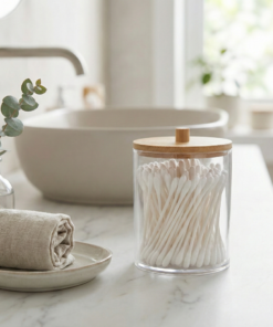 Porta Cotonete Retangular com Tampa de Bambu