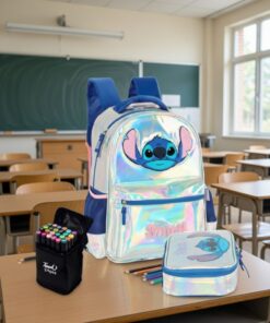 Kit mochila Estojo e canetinha Estitch Prata + 24 canetinhas de brinde